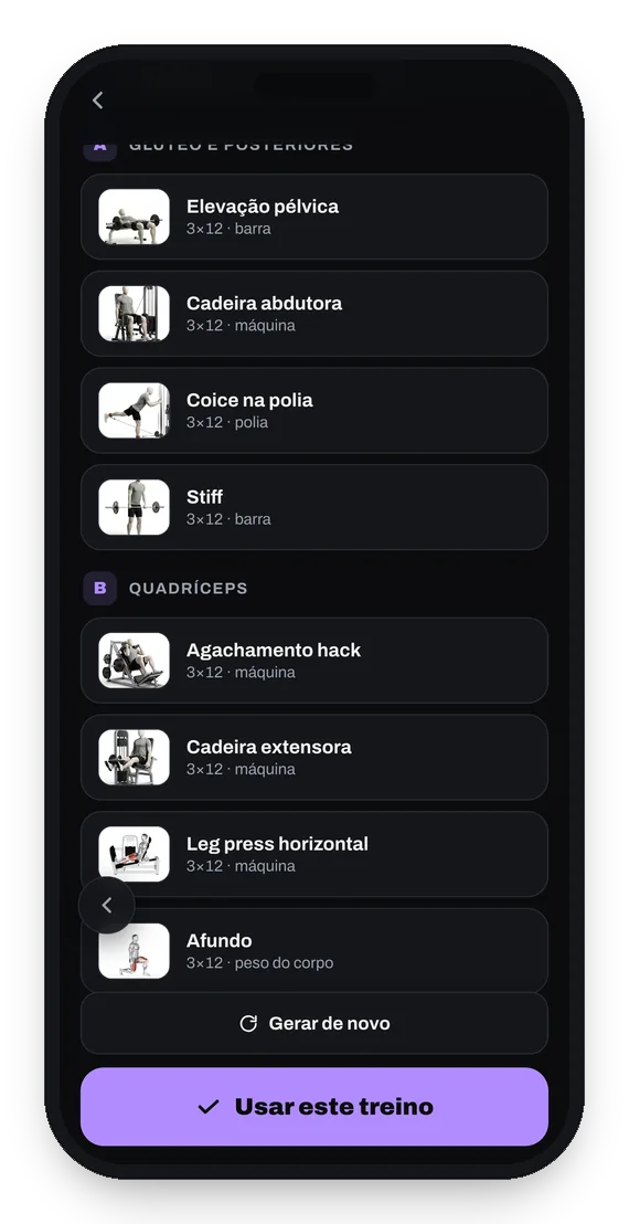 Tela do app com a ficha montada: cada exercício com a demonstração ao lado