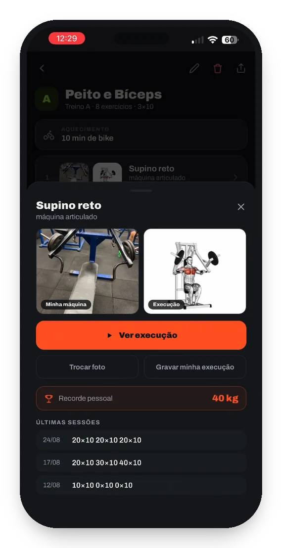Tela do app: a foto da máquina da academia ao lado da demonstração do supino reto