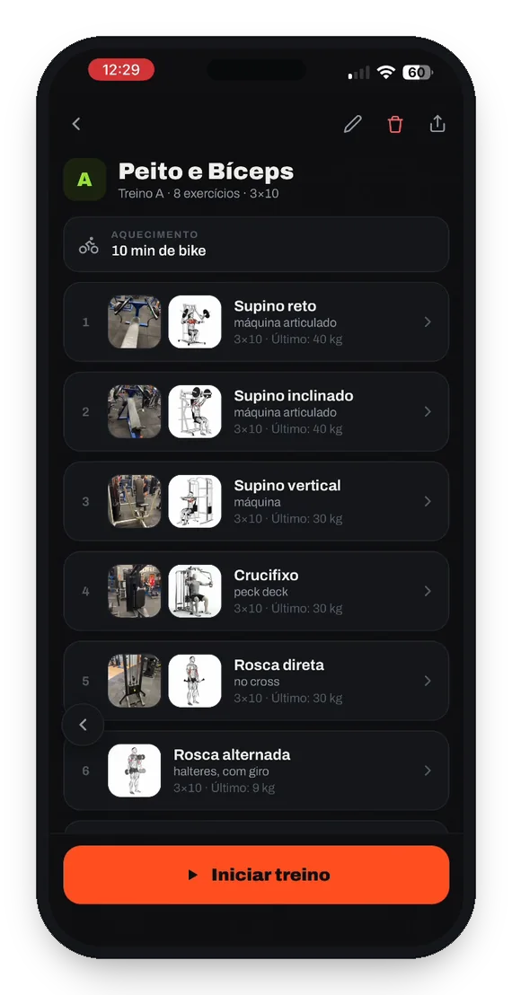 Tela do app com o recorde pessoal e as últimas sessões do exercício