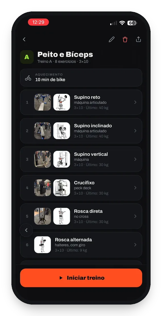 Tela do app com o treino do dia: exercícios na ordem, séries e repetições e o botão iniciar